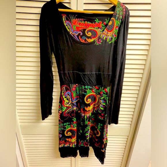 Womens Desigual Black Long Sleeve Dress with Colorful Print Size Large - Picture 1 of 9